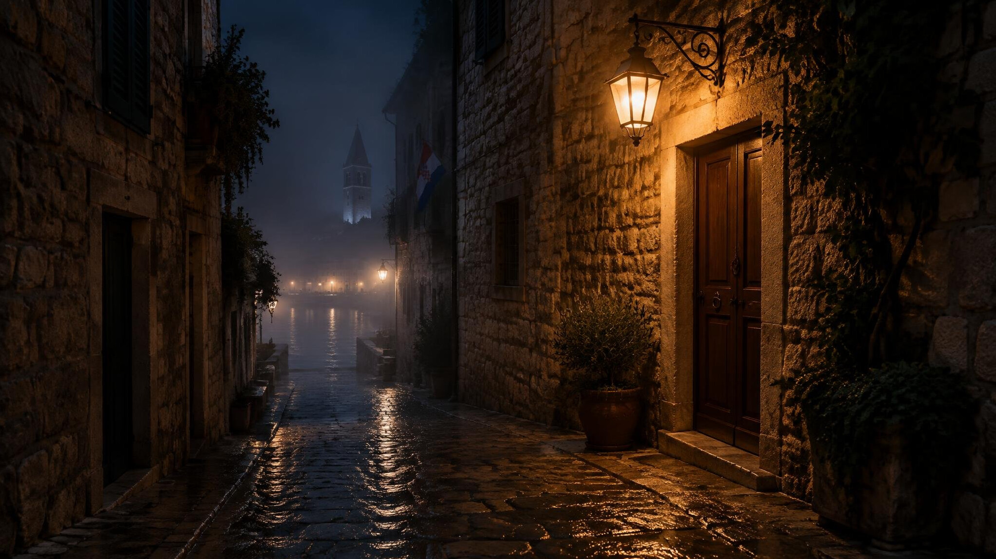 Foggy old European coastal street at night with lantern light