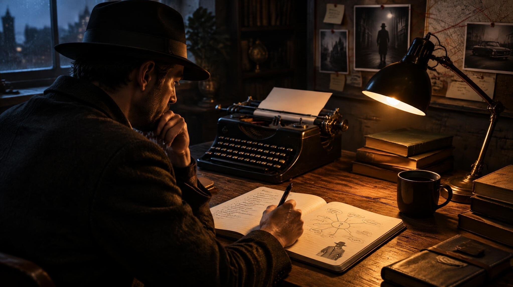 mystery writer at desk