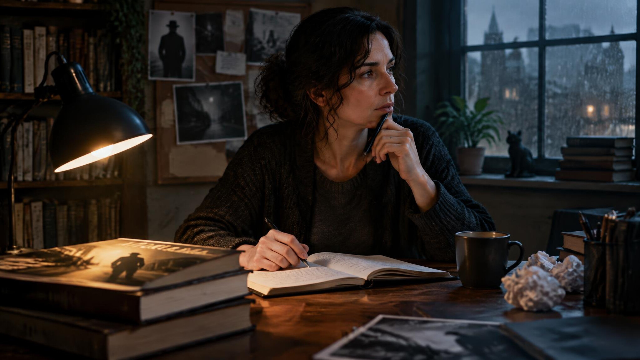 mystery writer at desk