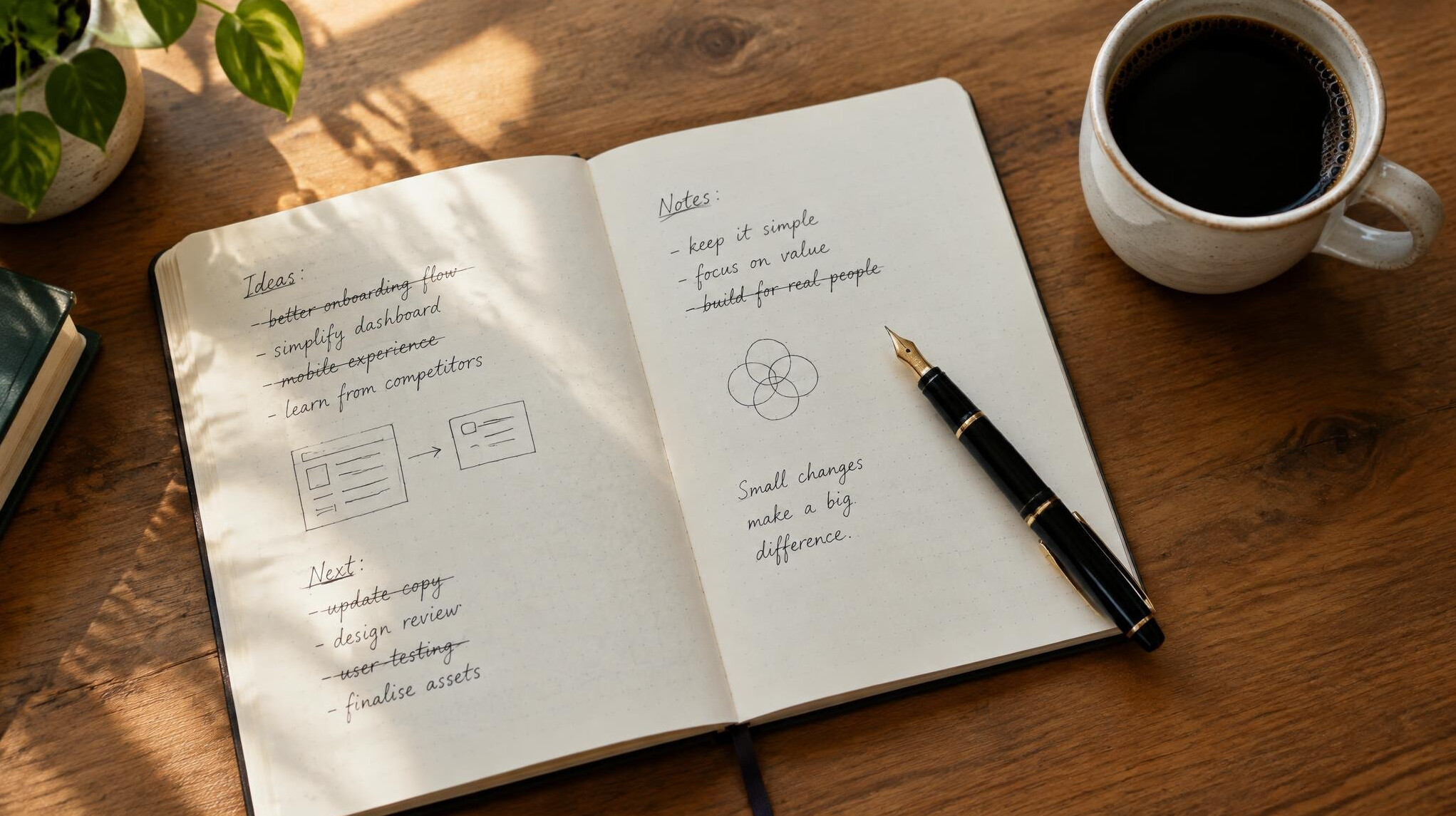 Open notebook with handwritten notes and a cup of coffee