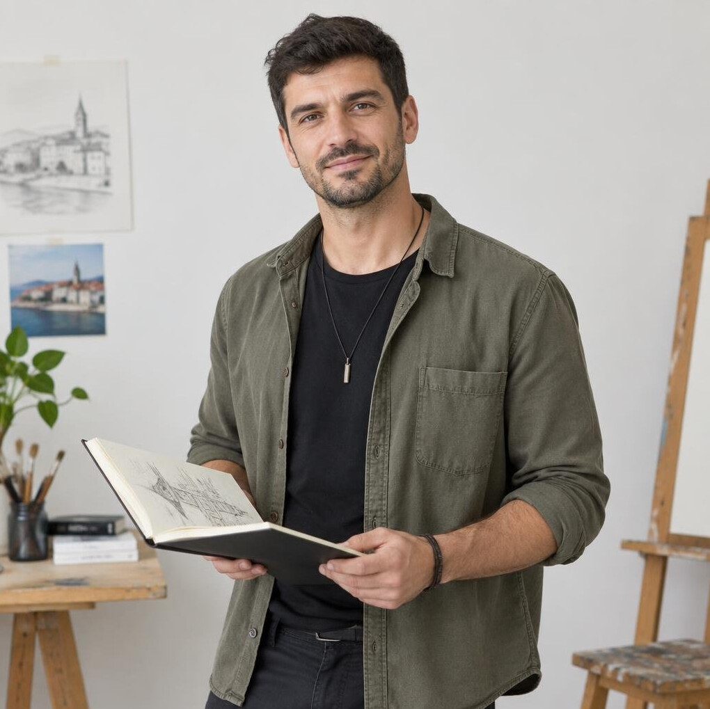 Croatian male illustrator in his thirties holding a sketchbook