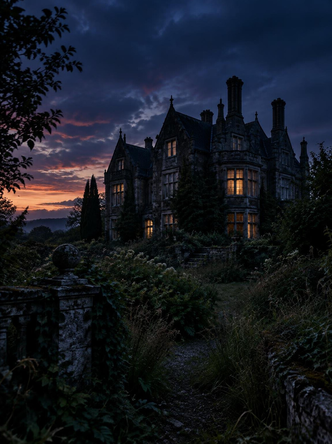 Old stone mansion silhouette at dusk suggesting a mystery novel setting